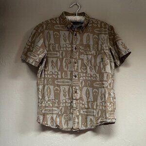 Vintage Sanuk Brown Cotton Men Happy Leaves Ethnic Print Button Down Shirt Small